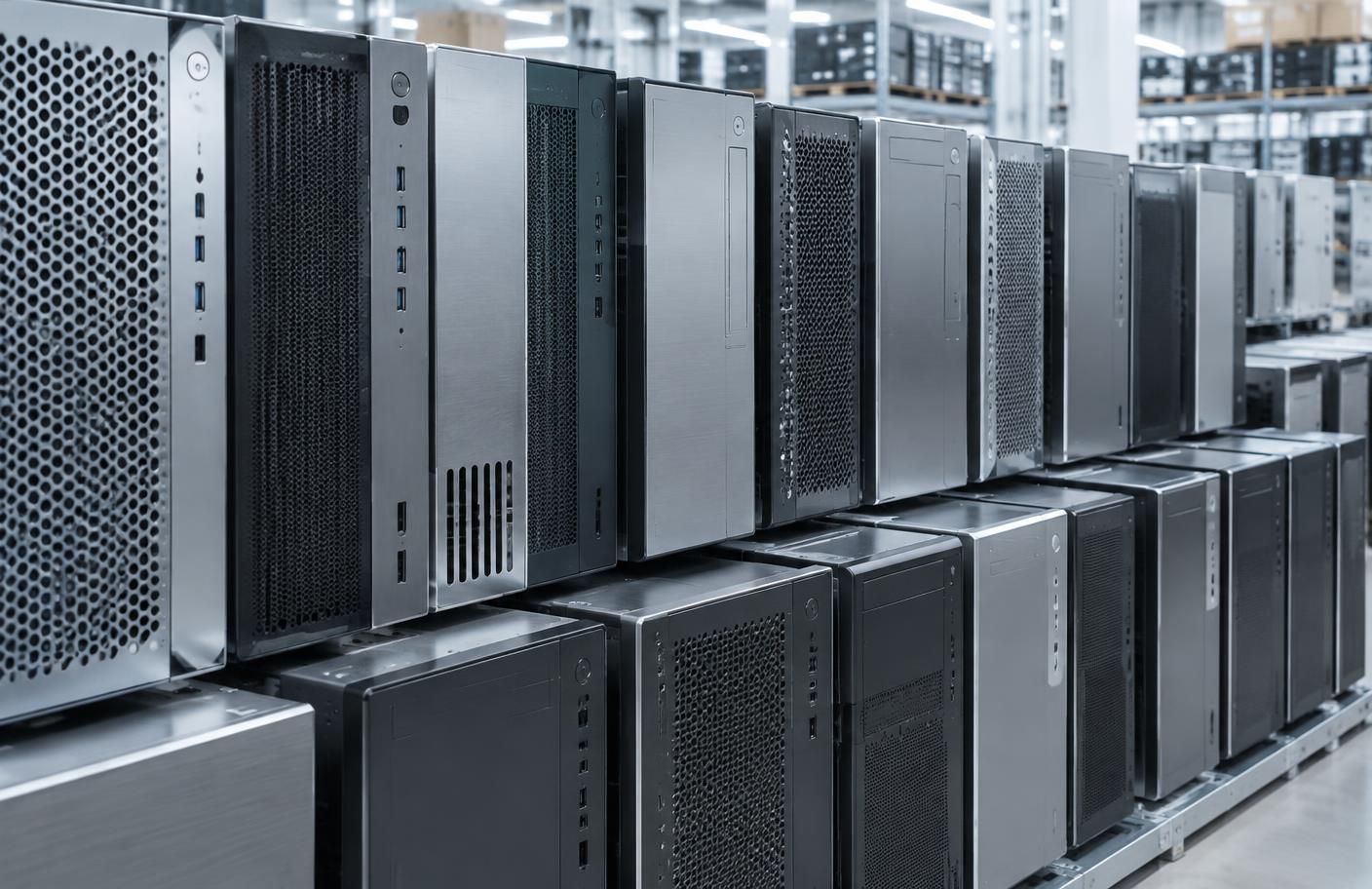 Rows of desktop computer and workstation cases in a bright technology warehouse